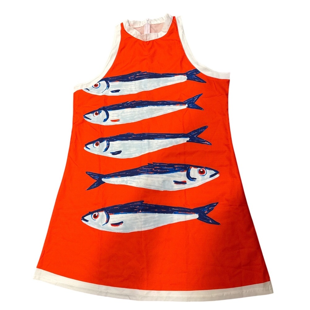 Orange Sardine Fish Print Shift Dress Sleeveless High Neck A-Line Novelty Print